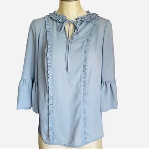 Karl Lagerfeld Sky Blue Ruffled 3/4 Bell Sleeve Office Blouse Size XS